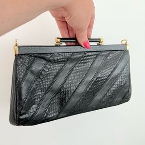 Vintage 1970s Jane Shilton black leather clutch bag with gold chain strap